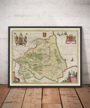 Alte Karte von County Durham, 1665 von Joan Blaeu - Darlington, Stockton-on-Tees, Sunderland, Hartlepool, Newcastle, Gateshead 