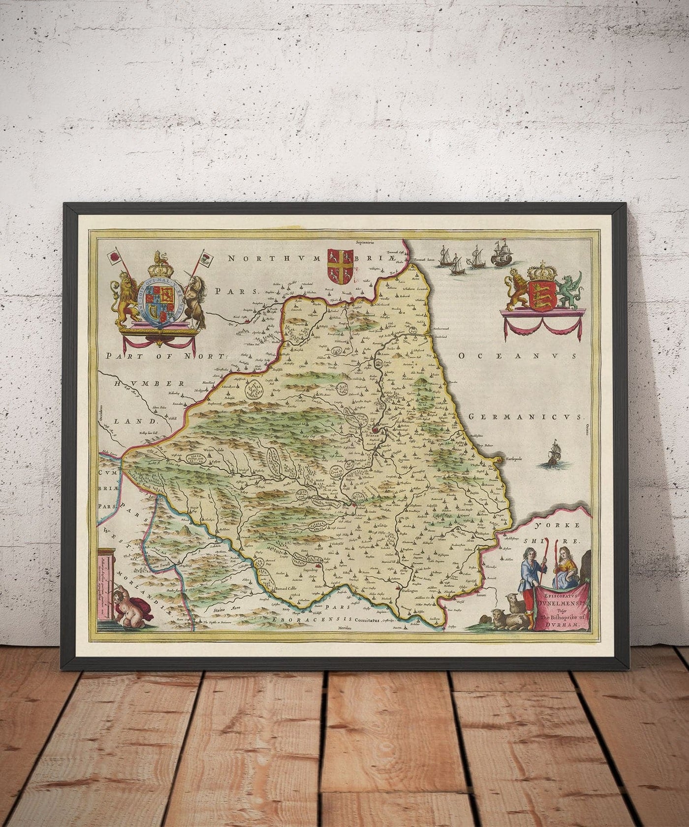 Mapa antiguo del condado Durham, 1665 de Joan Blaeu - Darlington, Stockton-on-Tees, Sunderland, Hartlepool, Newcastle, Gateshead
