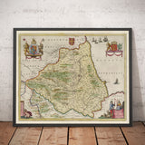 Alte Karte von County Durham, 1665 von Joan Blaeu - Darlington, Stockton-on-Tees, Sunderland, Hartlepool, Newcastle, Gateshead 