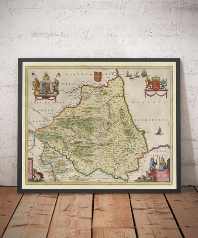 Mapa antiguo del condado Durham, 1665 de Joan Blaeu - Darlington, Stockton-on-Tees, Sunderland, Hartlepool, Newcastle, Gateshead