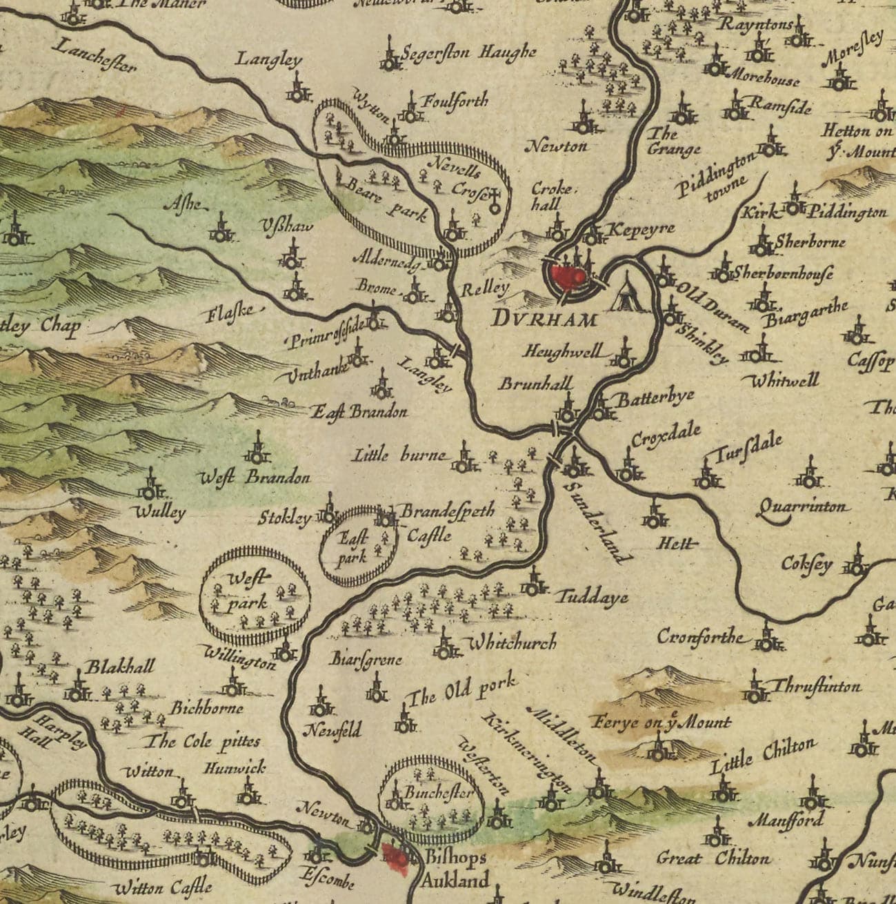 Mapa antiguo del condado Durham, 1665 de Joan Blaeu - Darlington, Stockton-on-Tees, Sunderland, Hartlepool, Newcastle, Gateshead