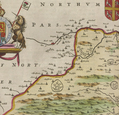 Mapa antiguo del condado Durham, 1665 de Joan Blaeu - Darlington, Stockton-on-Tees, Sunderland, Hartlepool, Newcastle, Gateshead