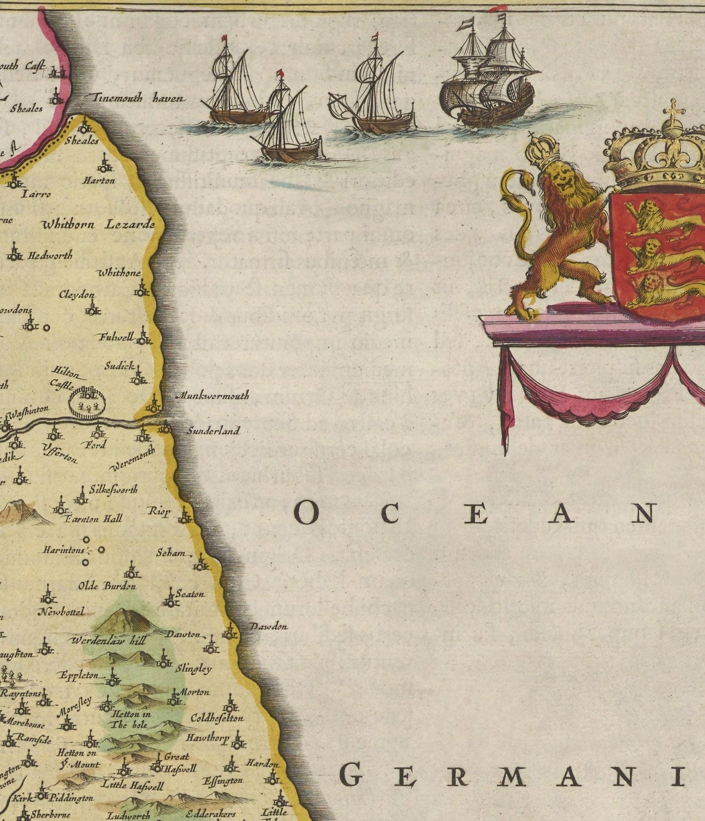 Mapa antiguo del condado Durham, 1665 de Joan Blaeu - Darlington, Stockton-on-Tees, Sunderland, Hartlepool, Newcastle, Gateshead