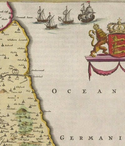 Mapa antiguo del condado Durham, 1665 de Joan Blaeu - Darlington, Stockton-on-Tees, Sunderland, Hartlepool, Newcastle, Gateshead