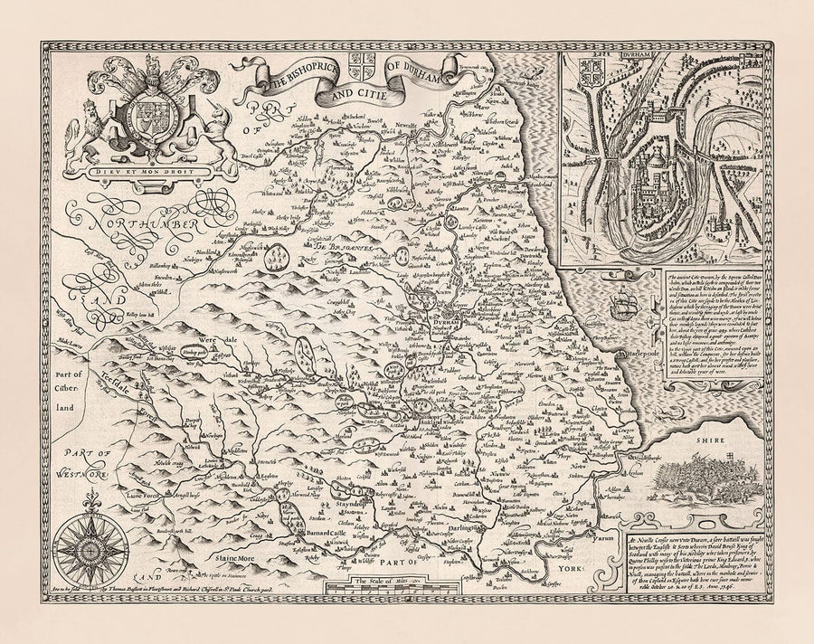 Old Monochrome Carte du comté Durham, 1611 par John Vitesse - Darlington, Stockton-On-Tees, Sunderland, Newcastle
