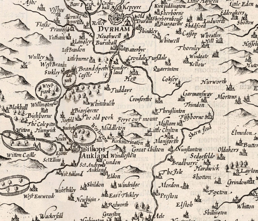 Old Monochrome Carte du comté Durham, 1611 par John Vitesse - Darlington, Stockton-On-Tees, Sunderland, Newcastle