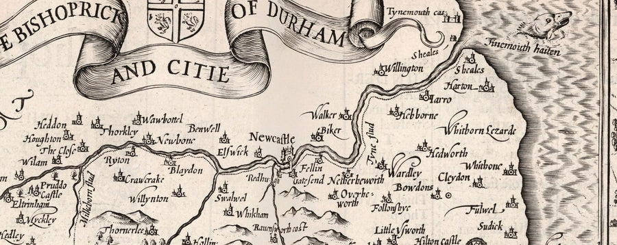 Old Monochrome Carte du comté Durham, 1611 par John Vitesse - Darlington, Stockton-On-Tees, Sunderland, Newcastle