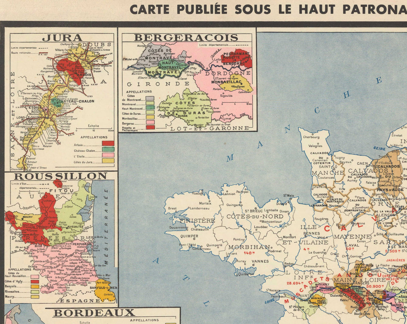 Alte Karte der Weinbaugebiete in Frankreich "La France Vinicole", 1939 - Bordeaux, Bourgogne, Champagne, Côtes Du Rhône, Bergeracois 