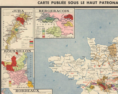 Alte Karte der Weinbaugebiete in Frankreich "La France Vinicole", 1939 - Bordeaux, Bourgogne, Champagne, Côtes Du Rhône, Bergeracois 