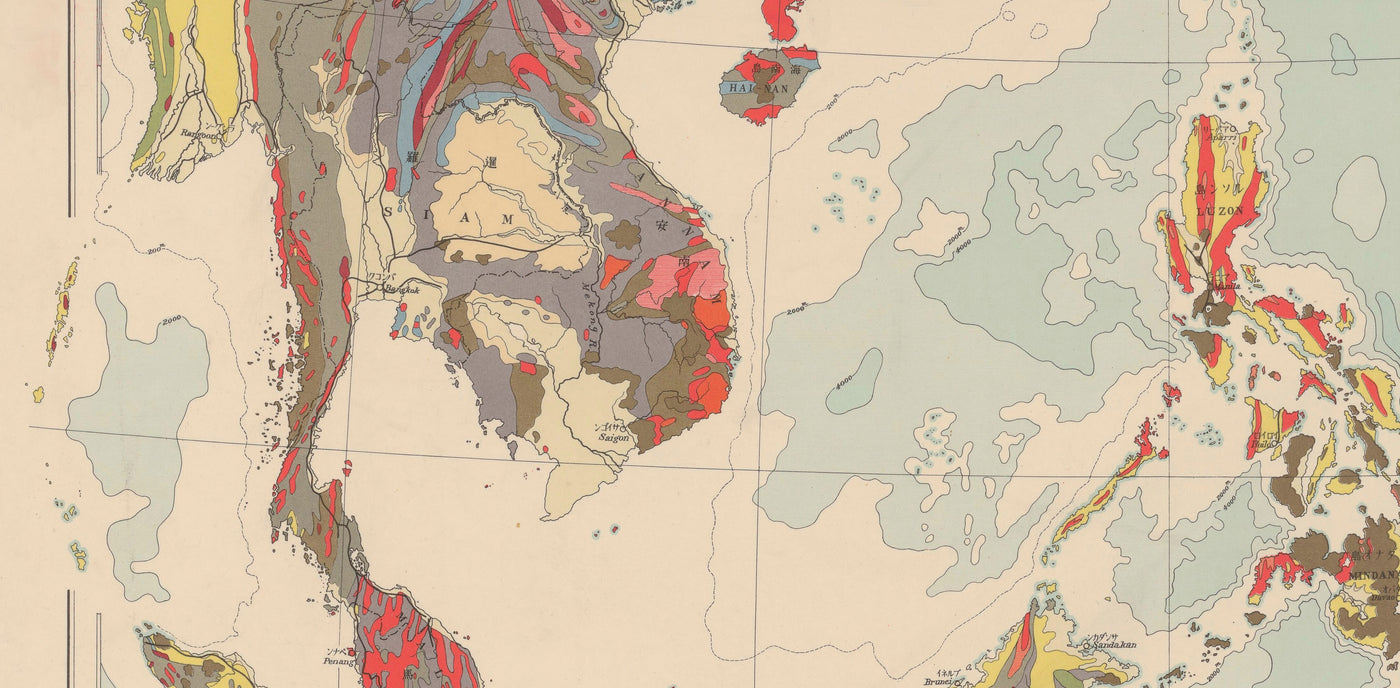 Old Geological Map of Eastern Asia and Malay Archipelago in 1932 by Tokyo Geology Society - Japan, China, Indonesia, Vietnam, Taiwan
