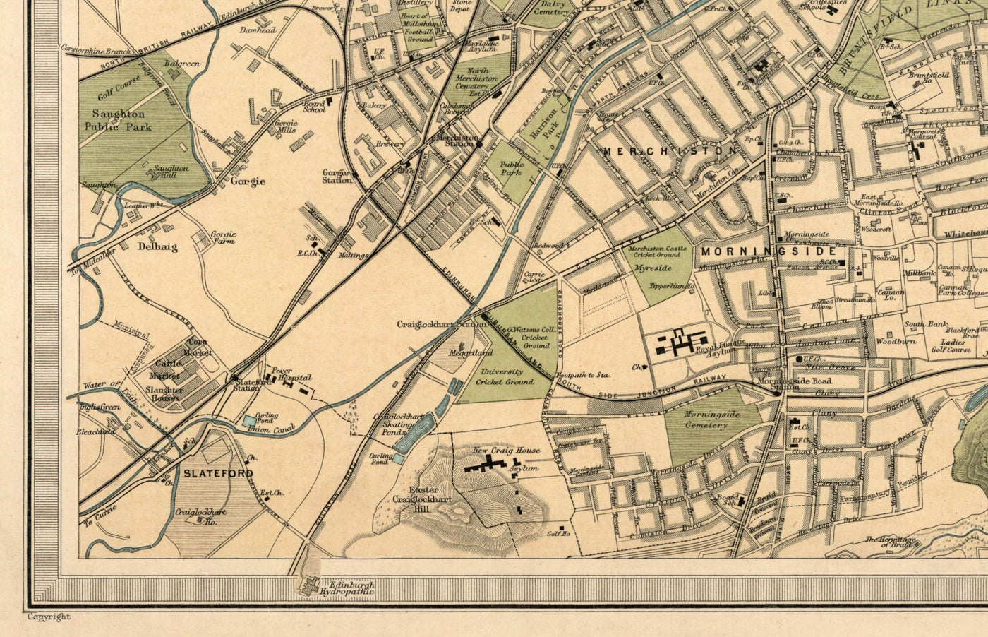 Ancienne carte d'Édimbourg en 1912 par J Bartholomew - Leith, Murrayfield, Portobello, Holyrood