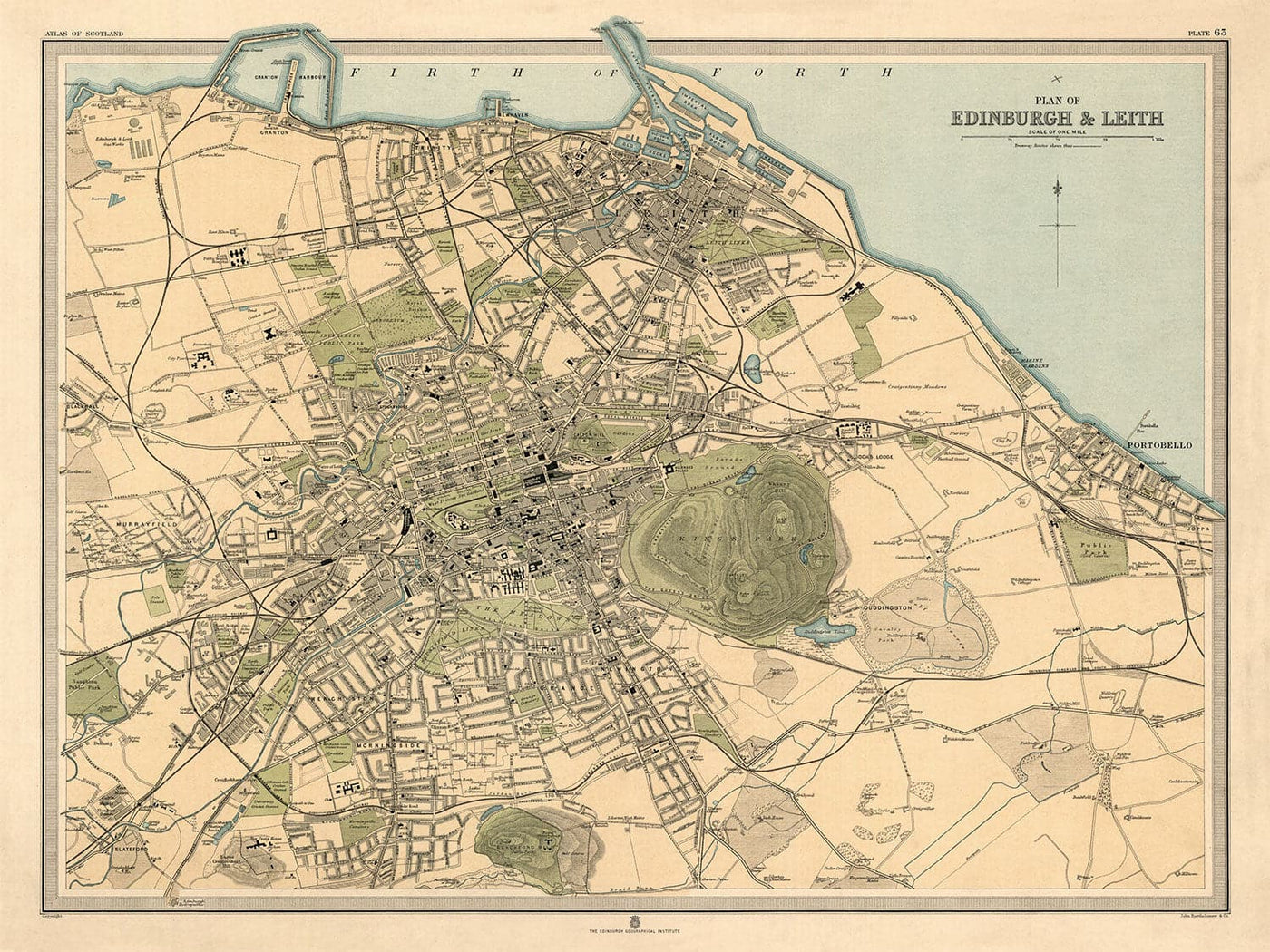 Ancienne carte d'Édimbourg en 1912 par J Bartholomew - Leith, Murrayfield, Portobello, Holyrood