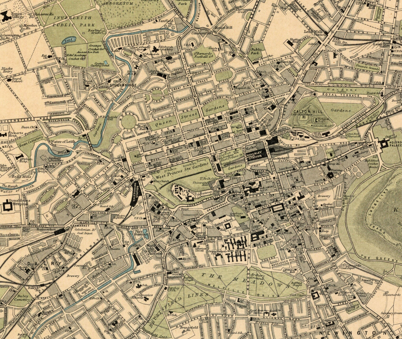 Ancienne carte d'Édimbourg en 1912 par J Bartholomew - Leith, Murrayfield, Portobello, Holyrood