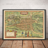 Mappa antica di Edimburgo, 1580 di Georg Braun - Castello, Mura della città, Cattedrale di St Giles, Città Vecchia 