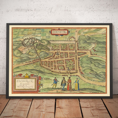 Old Map of Edinburgh, 1580 by Georg Braun - Castle, City Walls, St Giles Cathedral, Old Town