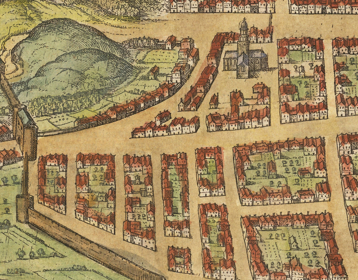 Old Map of Edinburgh, 1580 by Georg Braun - Castle, City Walls, St Giles Cathedral, Old Town