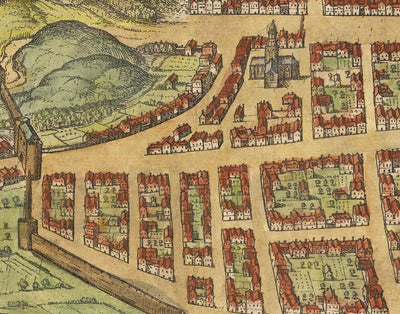 Old Map of Edinburgh, 1580 by Georg Braun - Castle, City Walls, St Giles Cathedral, Old Town