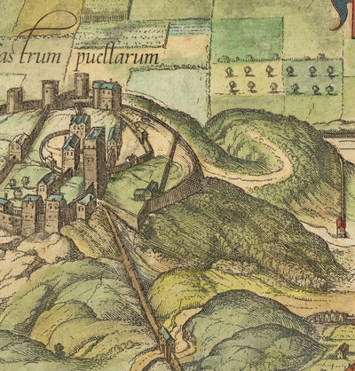 Old Map of Edinburgh, 1580 by Georg Braun - Castle, City Walls, St Giles Cathedral, Old Town