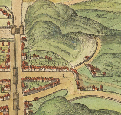 Old Map of Edinburgh, 1580 by Georg Braun - Castle, City Walls, St Giles Cathedral, Old Town