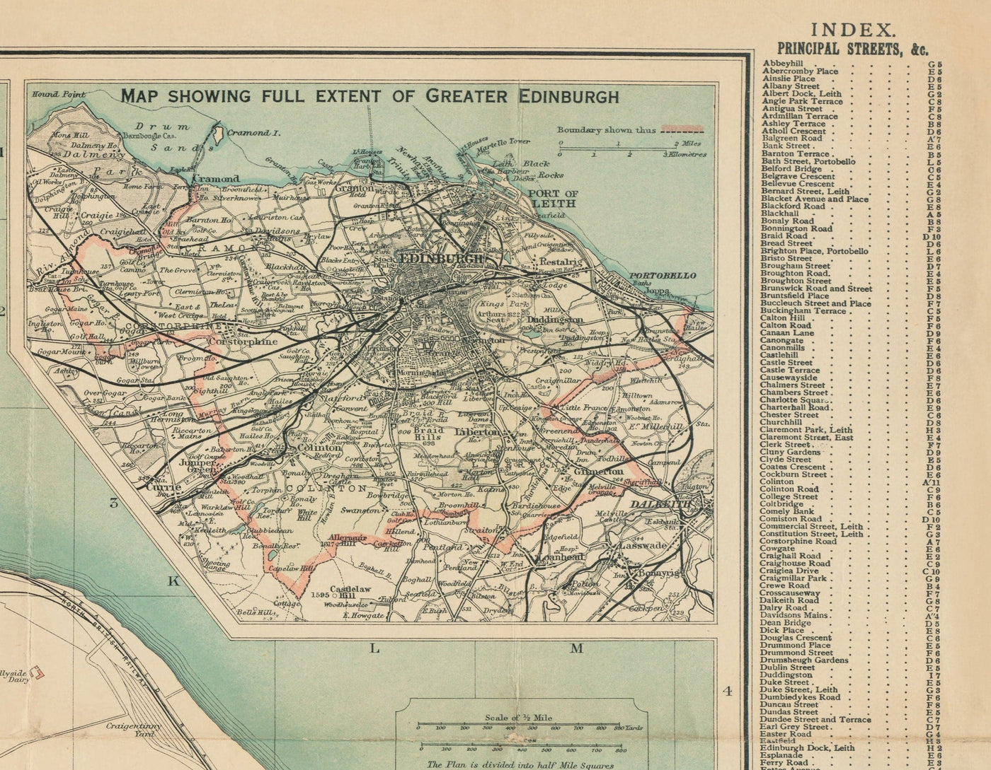 Raro mapa antiguo de Edimburgo - Plano de bolsillo de Bartholomew, 1921 - Leith, Murrayfield, Portobello, Morningside