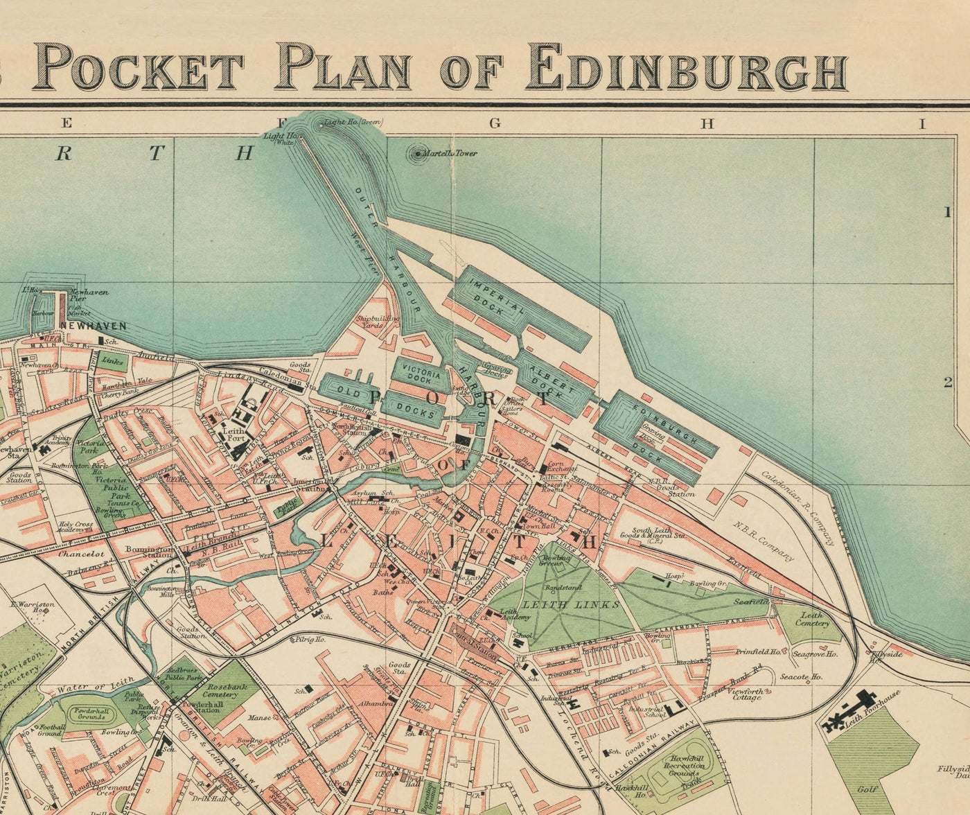Raro mapa antiguo de Edimburgo - Plano de bolsillo de Bartholomew, 1921 - Leith, Murrayfield, Portobello, Morningside