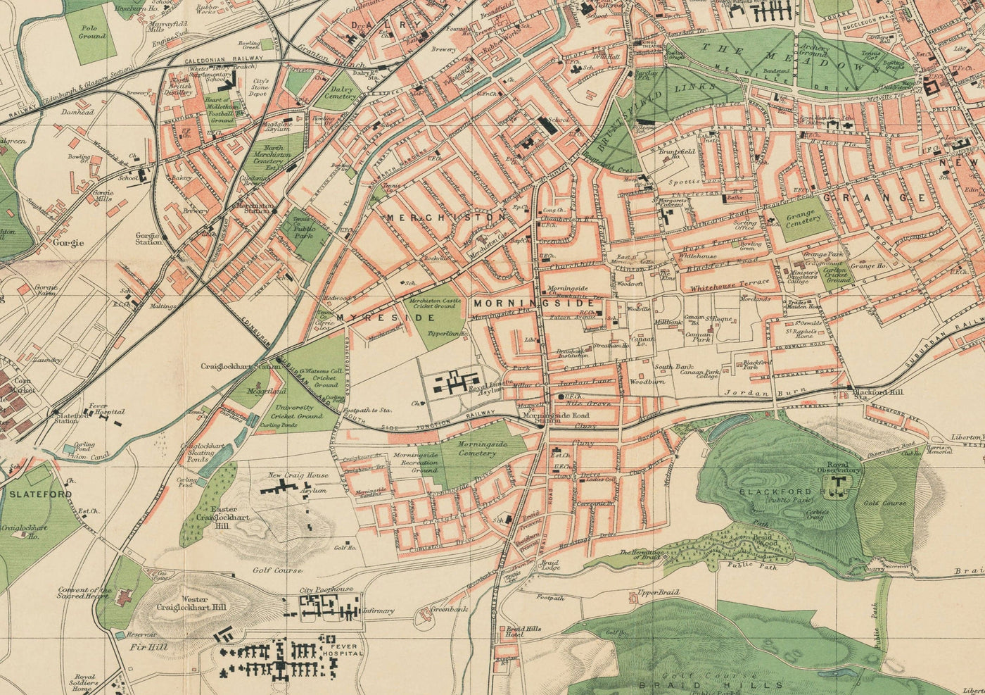Raro mapa antiguo de Edimburgo - Plano de bolsillo de Bartholomew, 1921 - Leith, Murrayfield, Portobello, Morningside
