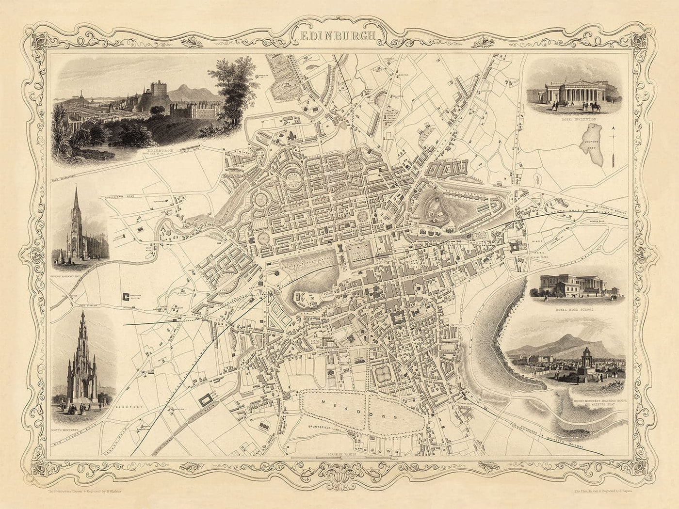 Old Map of Edinburgh, Scotland in 1851 by Tallis & Rapkin