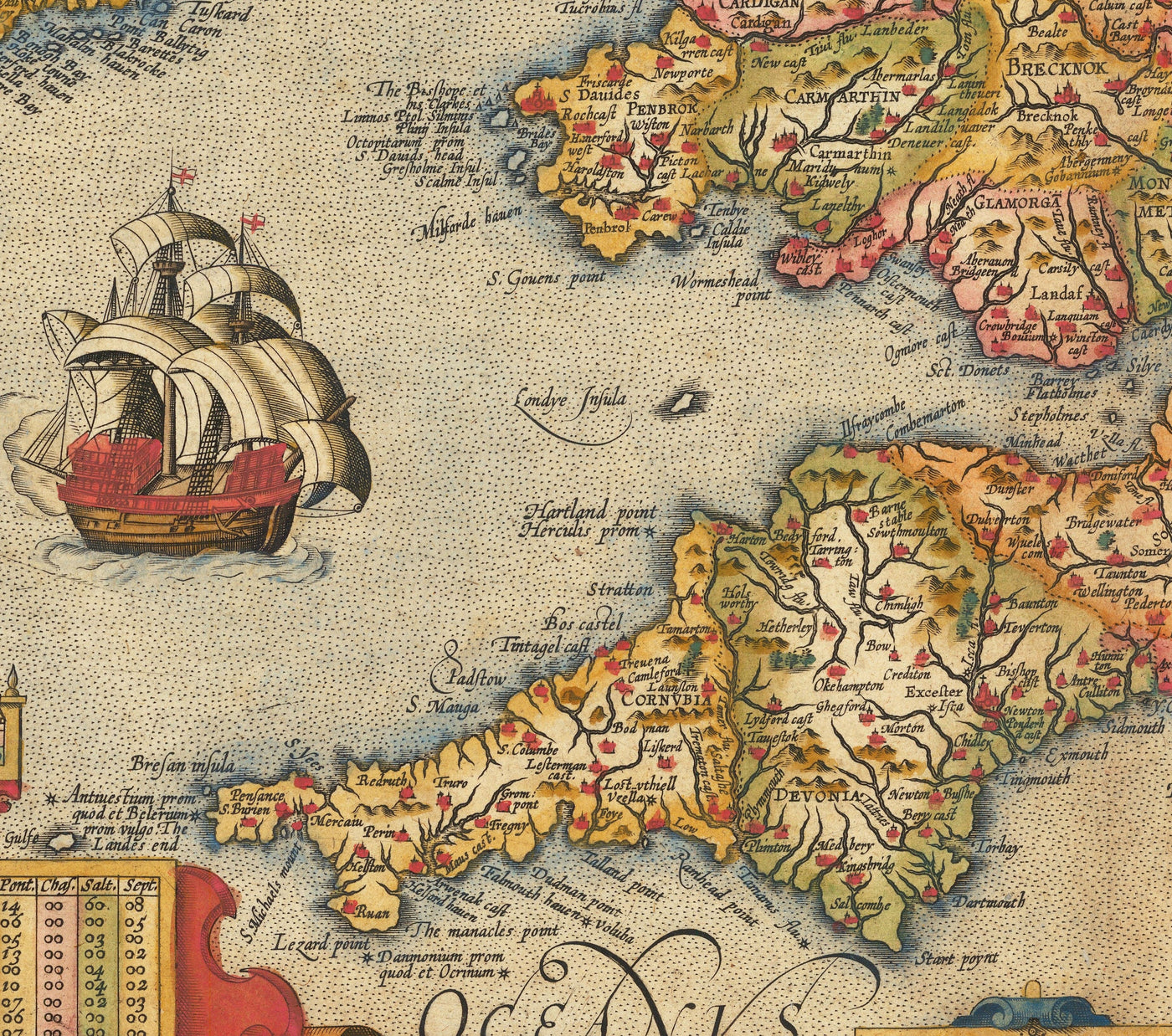 Alte Farbkarte von England und Irland im Jahr 1605 von Abraham Ortelius - Geschichte & Monarchie Stammbaum - Stuarts, Tudors, Plantagenets 