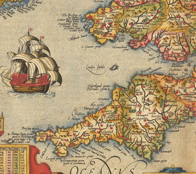 Alte Farbkarte von England und Irland im Jahr 1605 von Abraham Ortelius - Geschichte & Monarchie Stammbaum - Stuarts, Tudors, Plantagenets 
