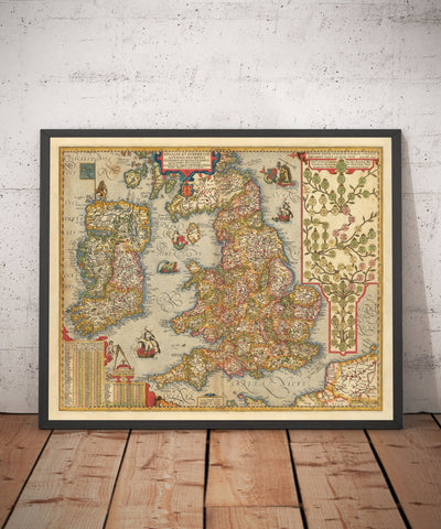 Alte Farbkarte von England und Irland im Jahr 1605 von Abraham Ortelius - Geschichte & Monarchie Stammbaum - Stuarts, Tudors, Plantagenets 