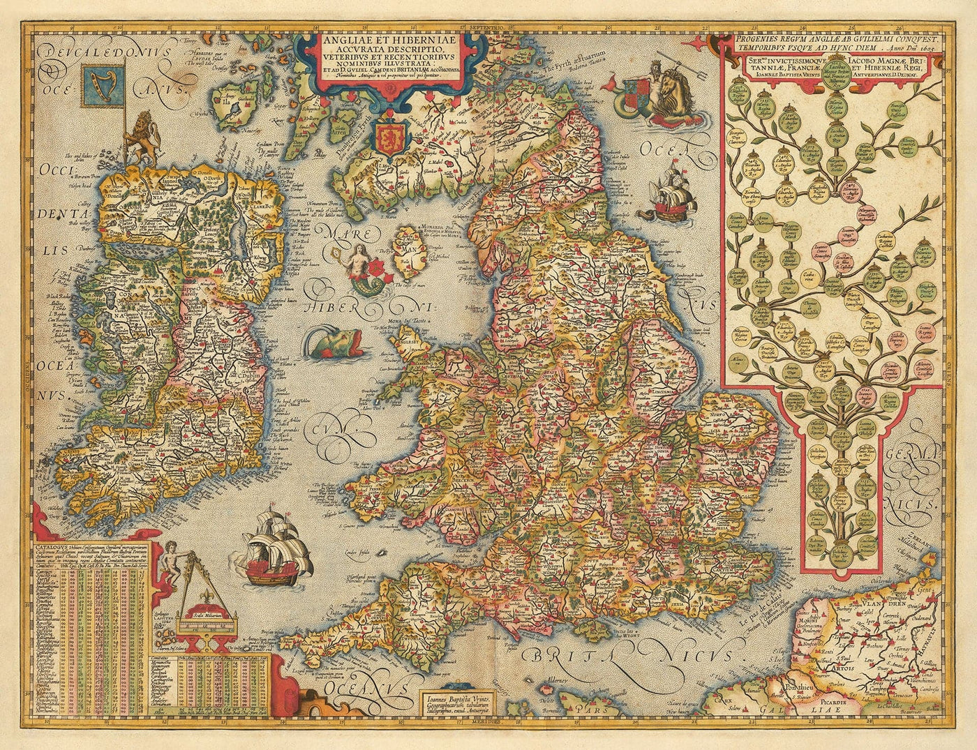 Alte Farbkarte von England und Irland im Jahr 1605 von Abraham Ortelius - Geschichte & Monarchie Stammbaum - Stuarts, Tudors, Plantagenets 