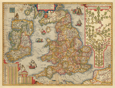 Alte Farbkarte von England und Irland im Jahr 1605 von Abraham Ortelius - Geschichte & Monarchie Stammbaum - Stuarts, Tudors, Plantagenets 