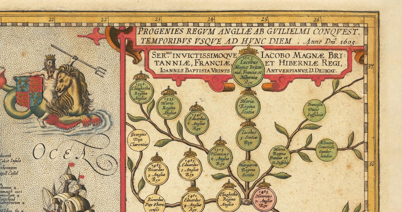 Alte Farbkarte von England und Irland im Jahr 1605 von Abraham Ortelius - Geschichte & Monarchie Stammbaum - Stuarts, Tudors, Plantagenets 