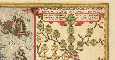 Alte Farbkarte von England und Irland im Jahr 1605 von Abraham Ortelius - Geschichte & Monarchie Stammbaum - Stuarts, Tudors, Plantagenets 