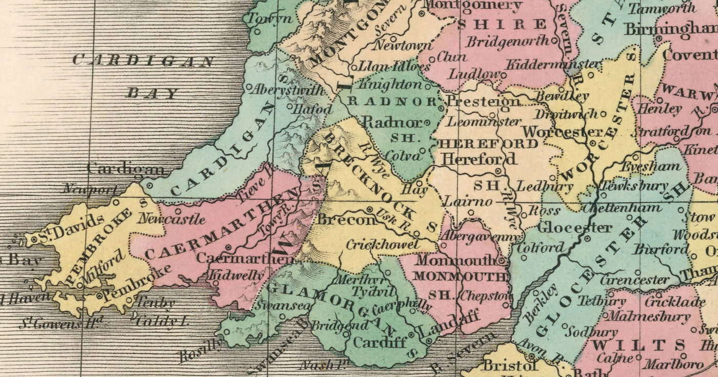 Mapa antiguo de los condados de Inglaterra y Gales, 1827 - Mapa histórico de los condados - Westmoreland, Sussex, Rutland