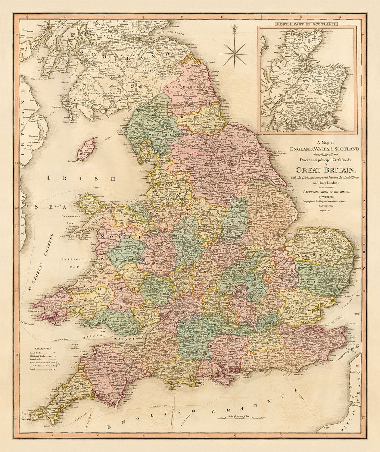 Alte Karte von Großbritannien, 1801 von Faden - England, Wales, Schottland, Straßen, Kanäle, Postkutsche 