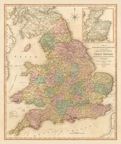 Alte Karte von Großbritannien, 1801 von Faden - England, Wales, Schottland, Straßen, Kanäle, Postkutsche 