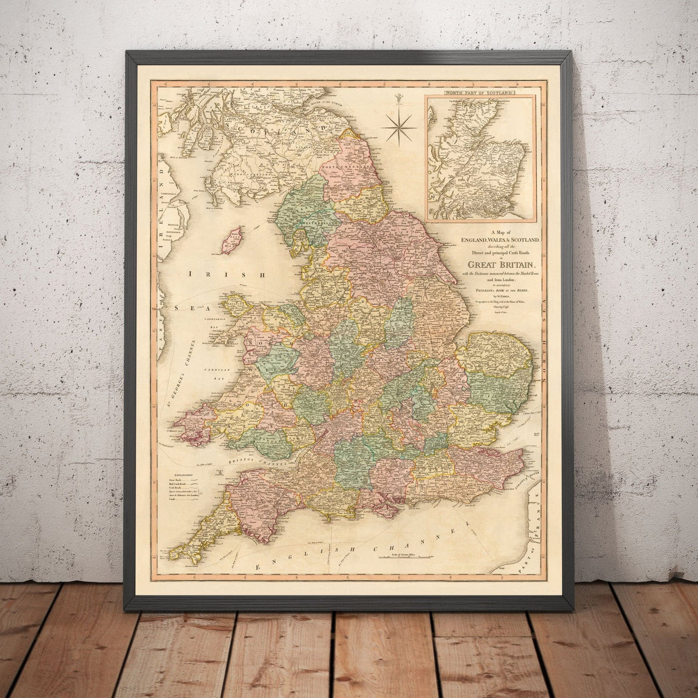 Alte Karte von Großbritannien, 1801 von Faden - England, Wales, Schottland, Straßen, Kanäle, Postkutsche 