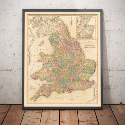 Alte Karte von Großbritannien, 1801 von Faden - England, Wales, Schottland, Straßen, Kanäle, Postkutsche 