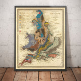 Ancienne carte géologique de l'Angleterre et du Pays de Galles par Roderick Impey Murchison, 1843 