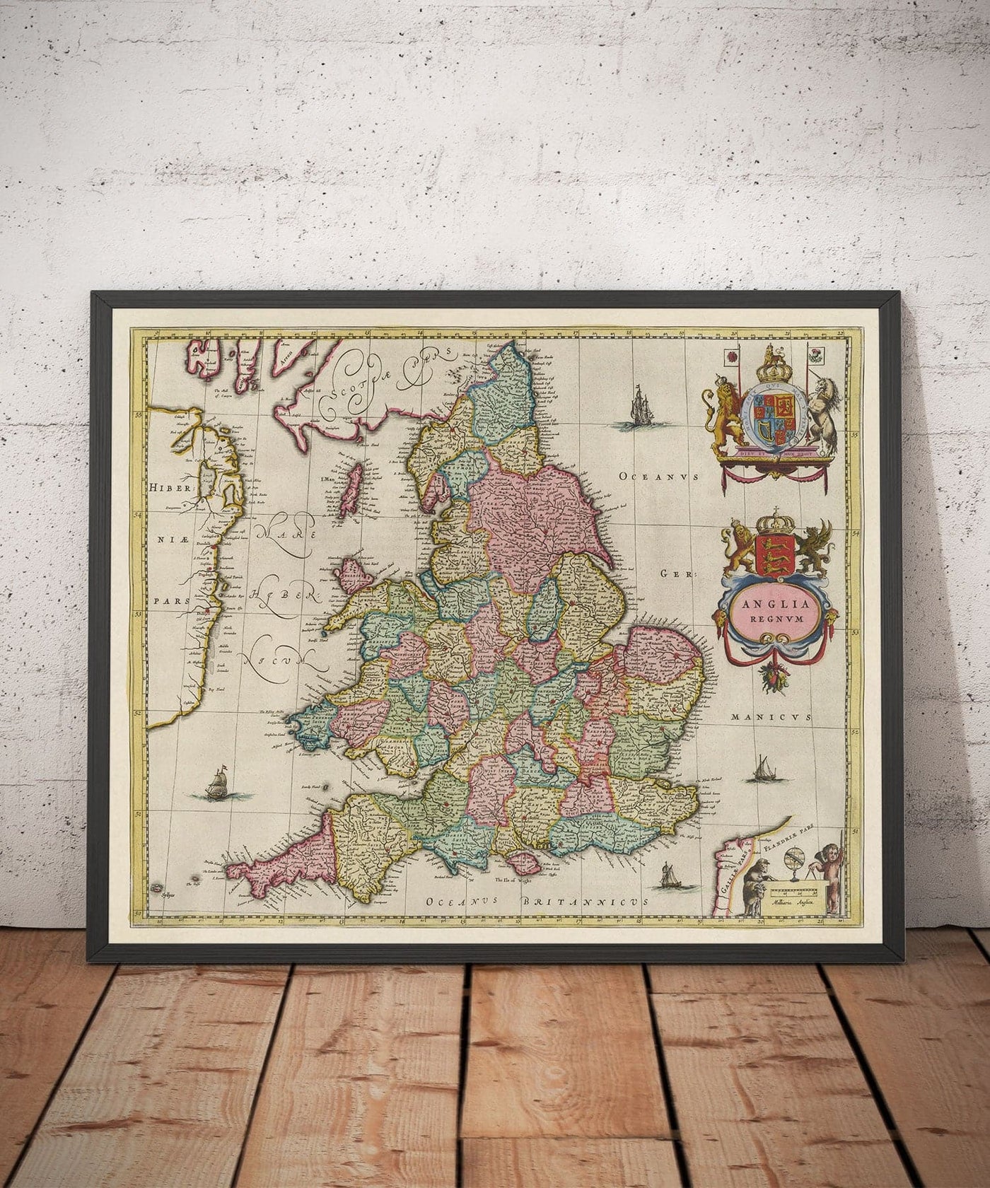 Antiguo mapa de Inglaterra y Gales en 1665 por Joan Blaeu - Carta rara con condados antiguos