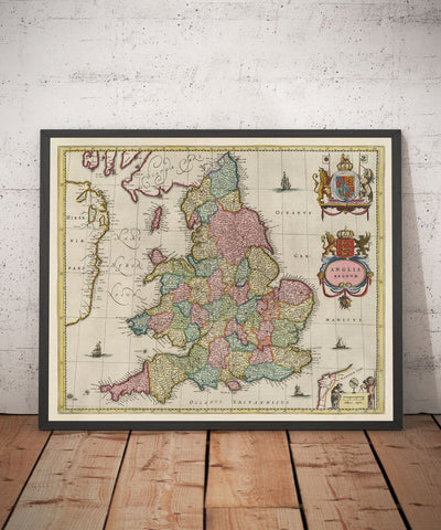 Antiguo mapa de Inglaterra y Gales en 1665 por Joan Blaeu - Carta rara con condados antiguos