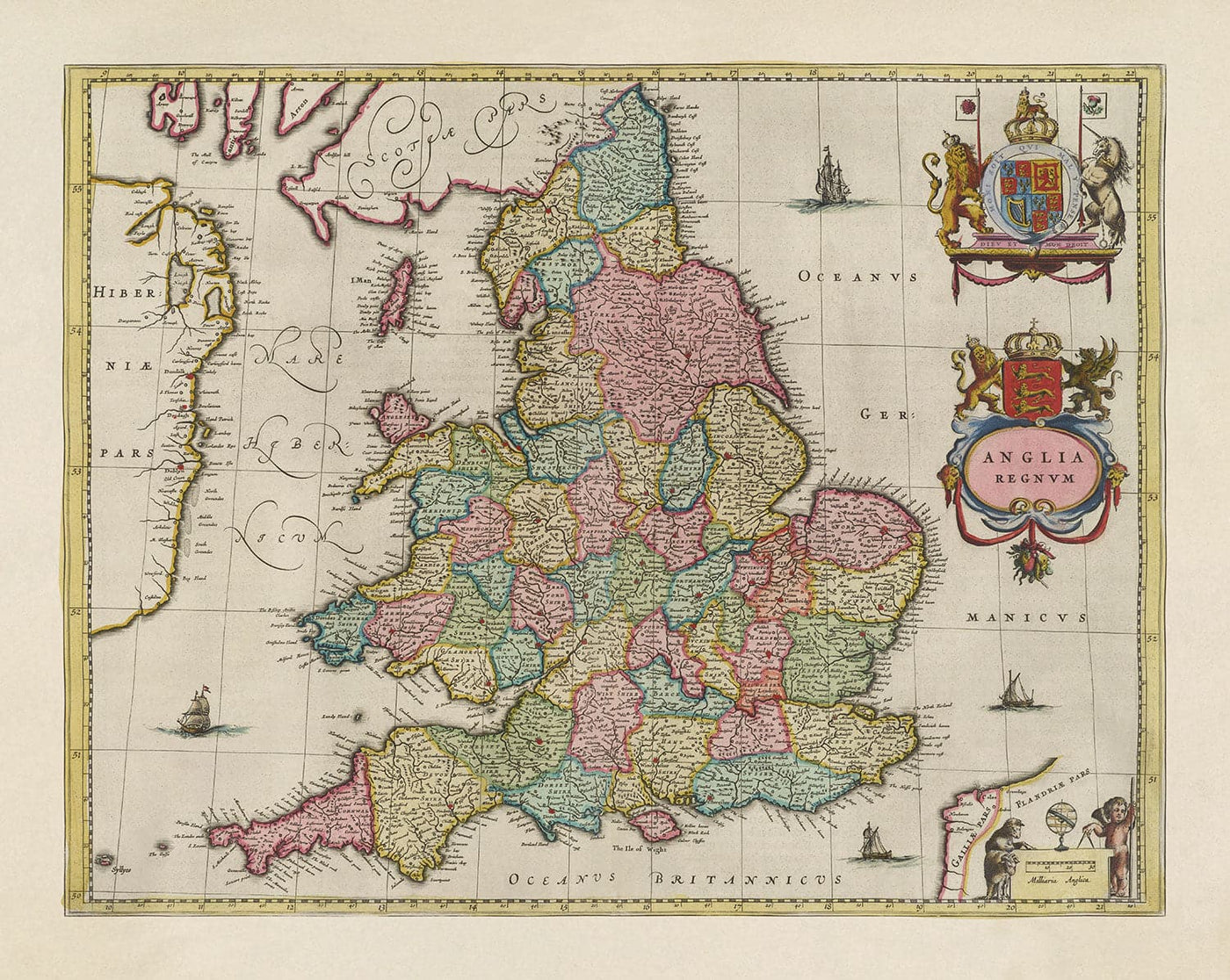 Antiguo mapa de Inglaterra y Gales en 1665 por Joan Blaeu - Carta rara con condados antiguos