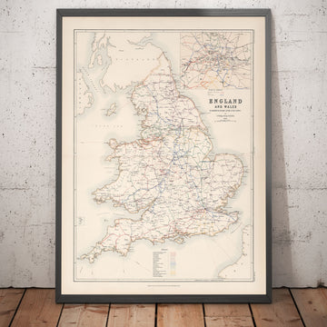 Old Railway Map of England & Wales in 1881 by AK Johnston - Great Western, Eastern, Northern, Midland, London & North Western