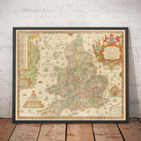 Ancienne carte d'Angleterre & Pays de Galles, 1579 par Christopher Saxton - Première carte imprimée des îles britanniques