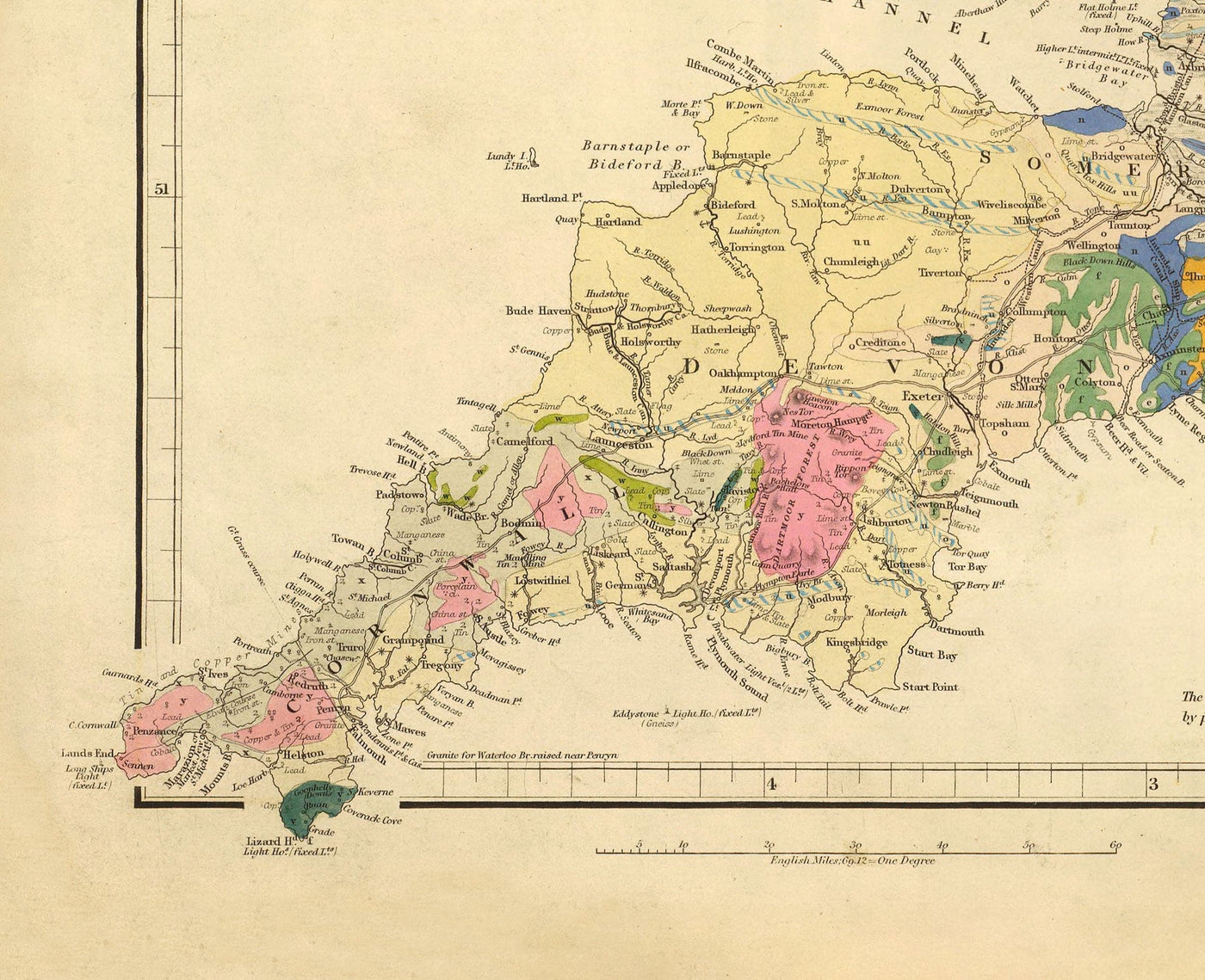 Antiguo mapa geológico y ferroviario de Inglaterra y Gales, 1834 - Mapa geológico