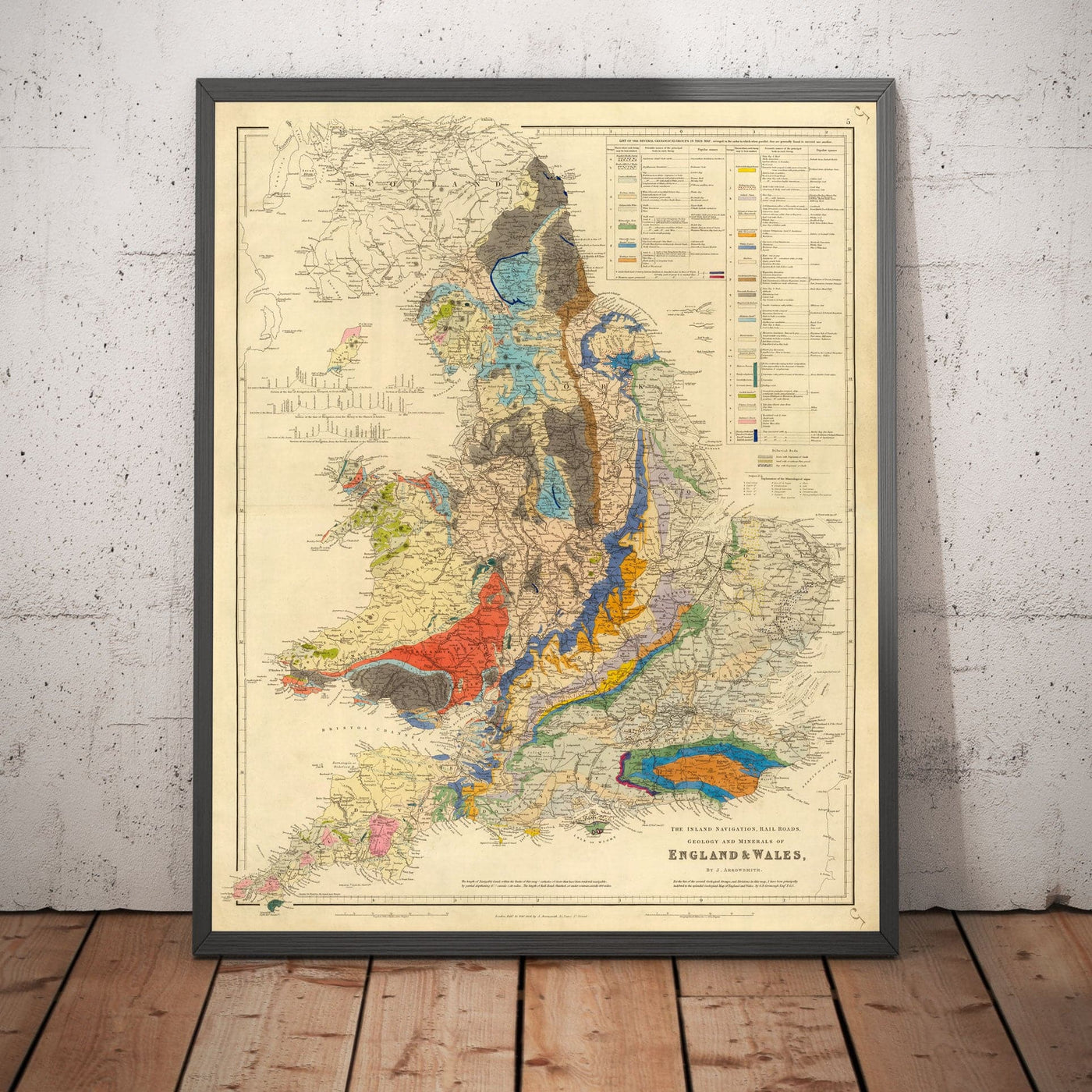 Antiguo mapa geológico y ferroviario de Inglaterra y Gales, 1834 - Mapa geológico