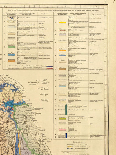 Antiguo mapa geológico y ferroviario de Inglaterra y Gales, 1834 - Mapa geológico