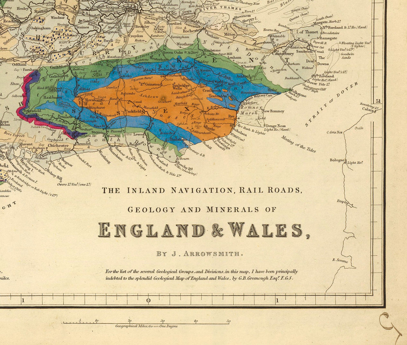 Antiguo mapa geológico y ferroviario de Inglaterra y Gales, 1834 - Mapa geológico