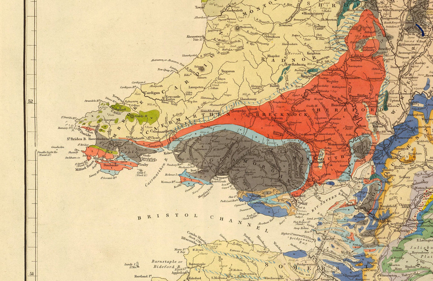 Antiguo mapa geológico y ferroviario de Inglaterra y Gales, 1834 - Mapa geológico
